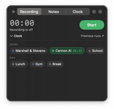 WitnessAI native macOS HUD showing recording controls and a synthetic Cannon AI clock entry