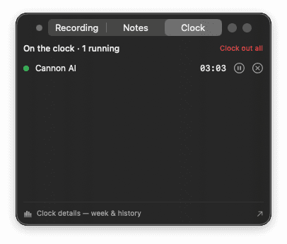 WitnessAI native macOS Clock tab with one synthetic project timer running
